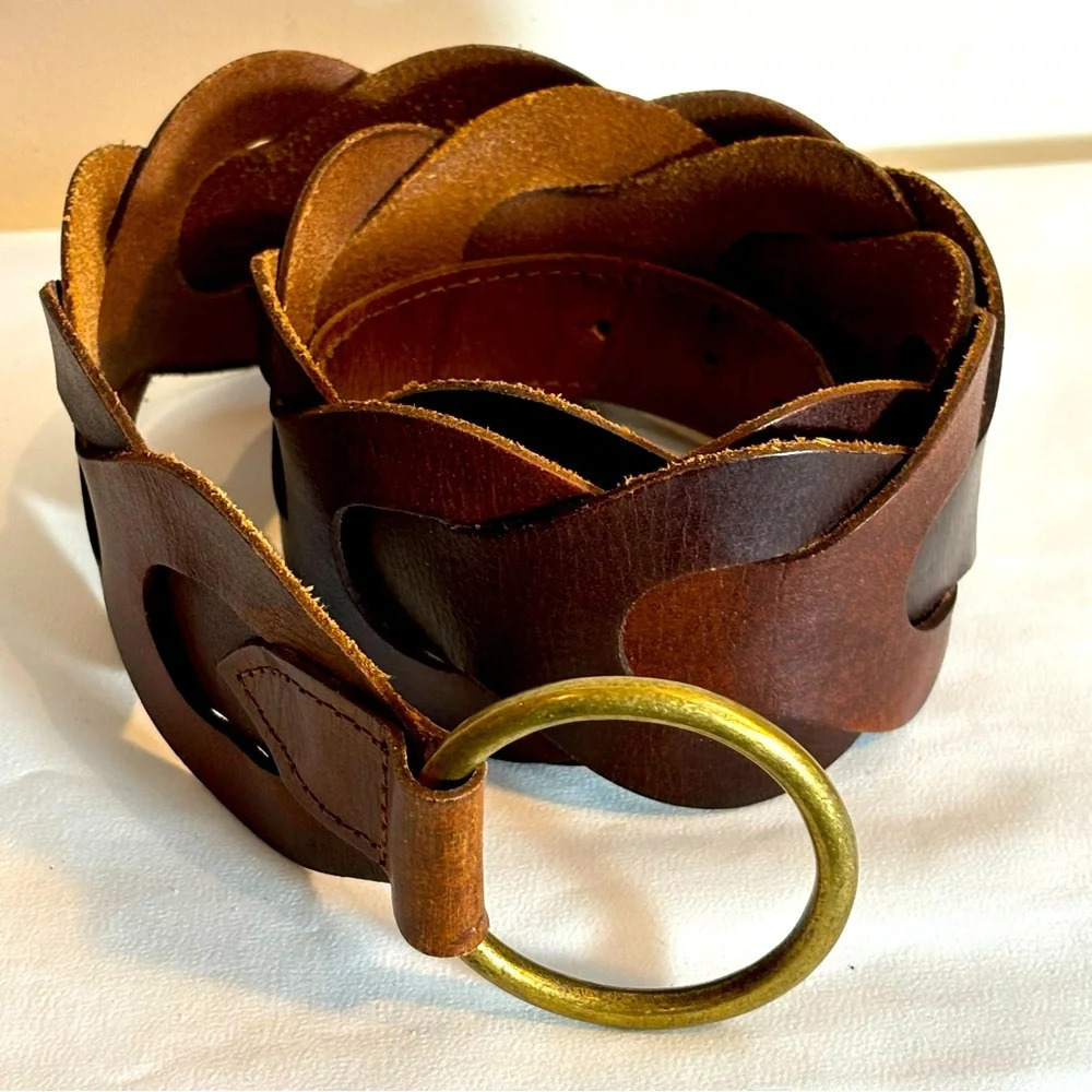 OLD NAVY Sz L-XL Leather Belt J-Hook Closure Intertwined Loops Vintage O-ring